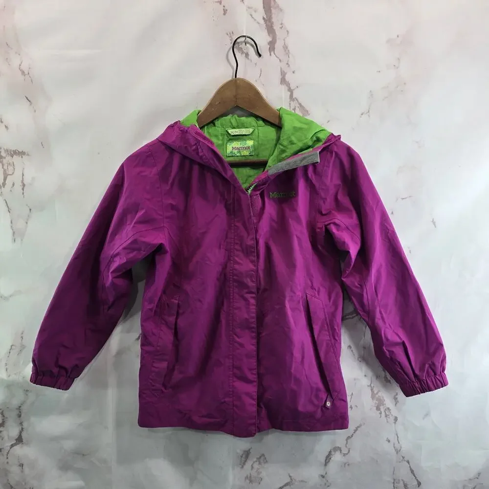 Marmot Jacket Girls Medium 10 12 Pink Green Youth Rain Coat Shell Waterproof